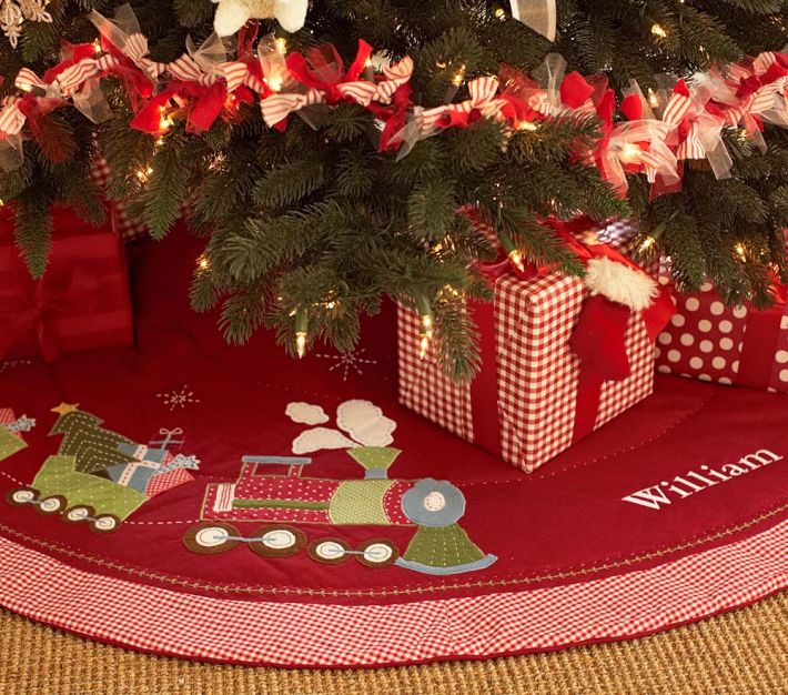 Pottery Barn Kids Holiday Santa Train Quilted Tree Skirt 54" 