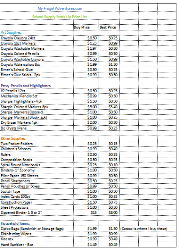 school supply price list