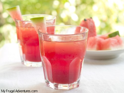 Watermelon lemonade with ice cube, selective focus