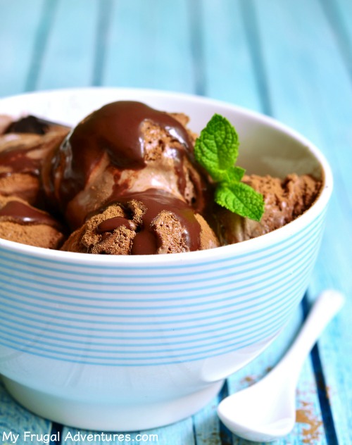 Homemade chocolate ice cream with chocolate topping.
