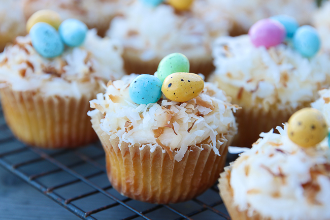 Coconut cupcakes on myfrugaladventures.com. Easy coconut cupcake recipe in the shape of a bird's nest that is perfect for Easter. 