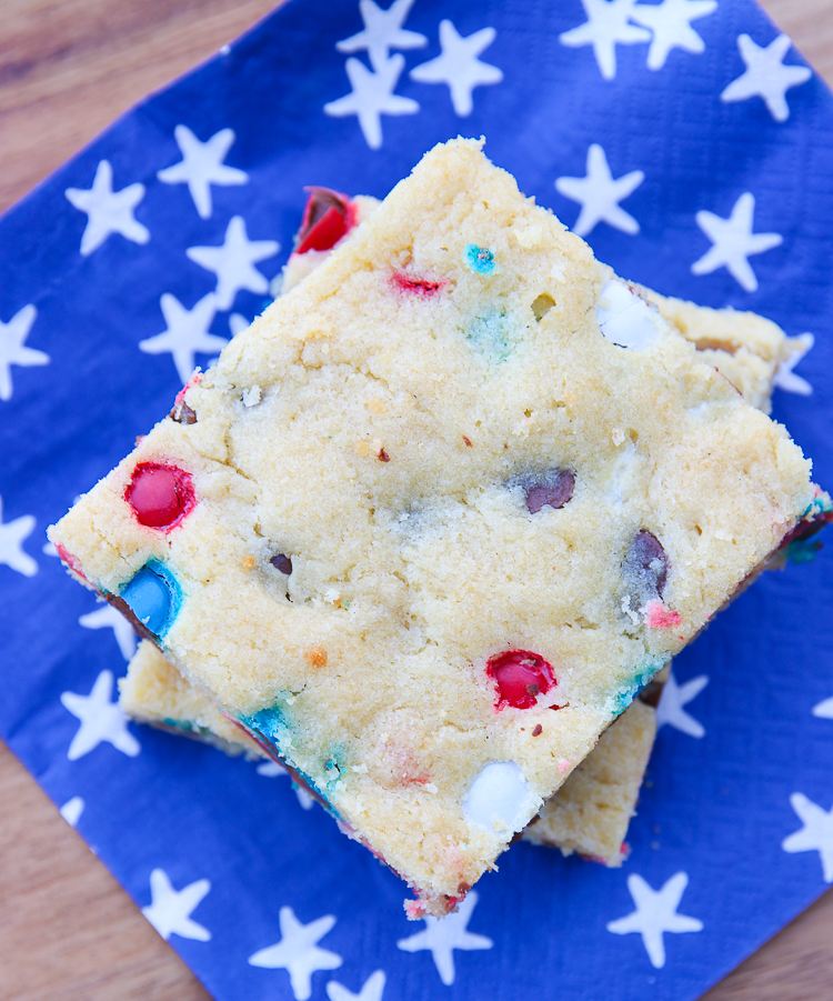 Patriotic Cookie Bars from MyFrugalAdventures.com.  Simple red, white and blue dessert perfect for Memorial Day or the 4th of July.